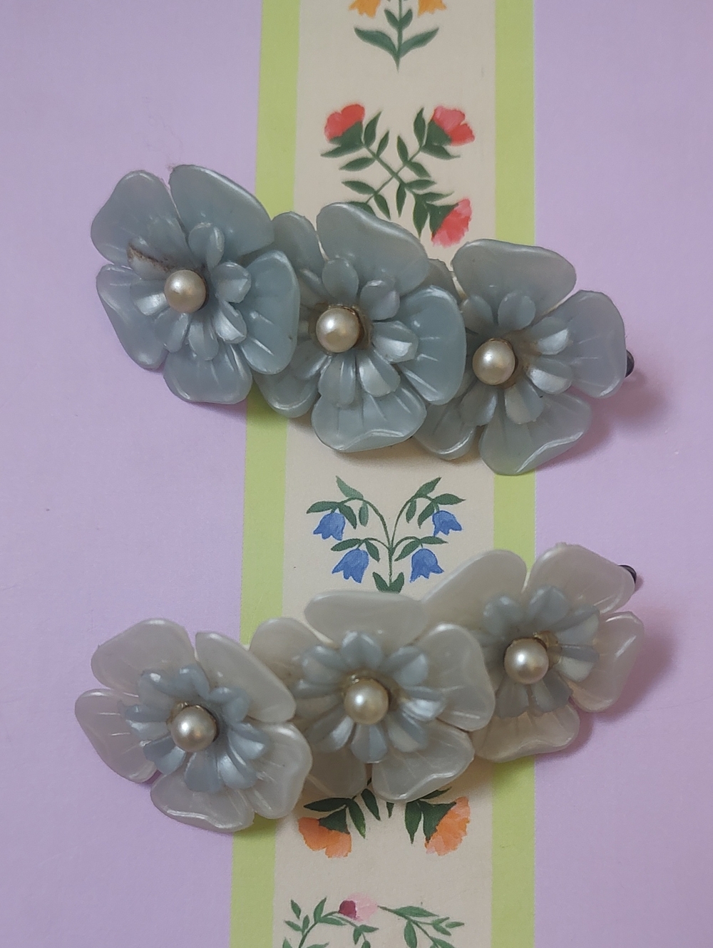 Bundle Of 2 Vintage Triple Flower Hair Barrette With Faux Pearls